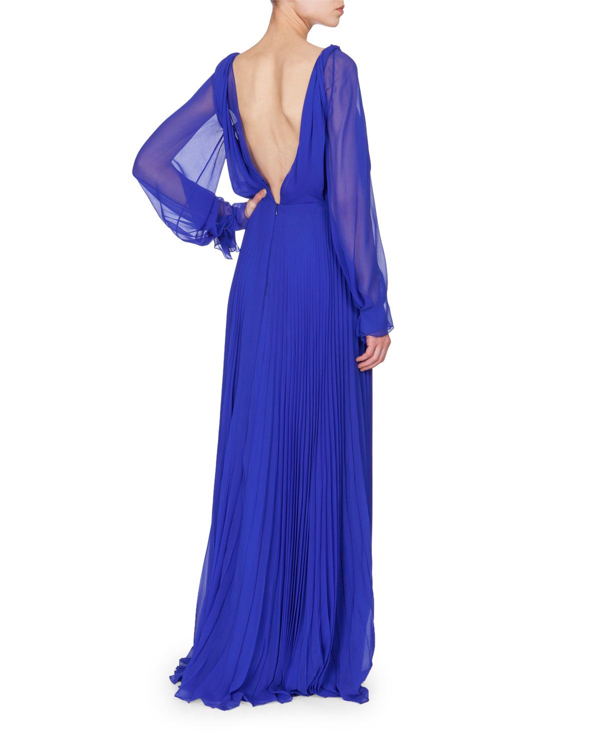 Long-Sleeve Plunging-Neck Gown, Cobalt Blue