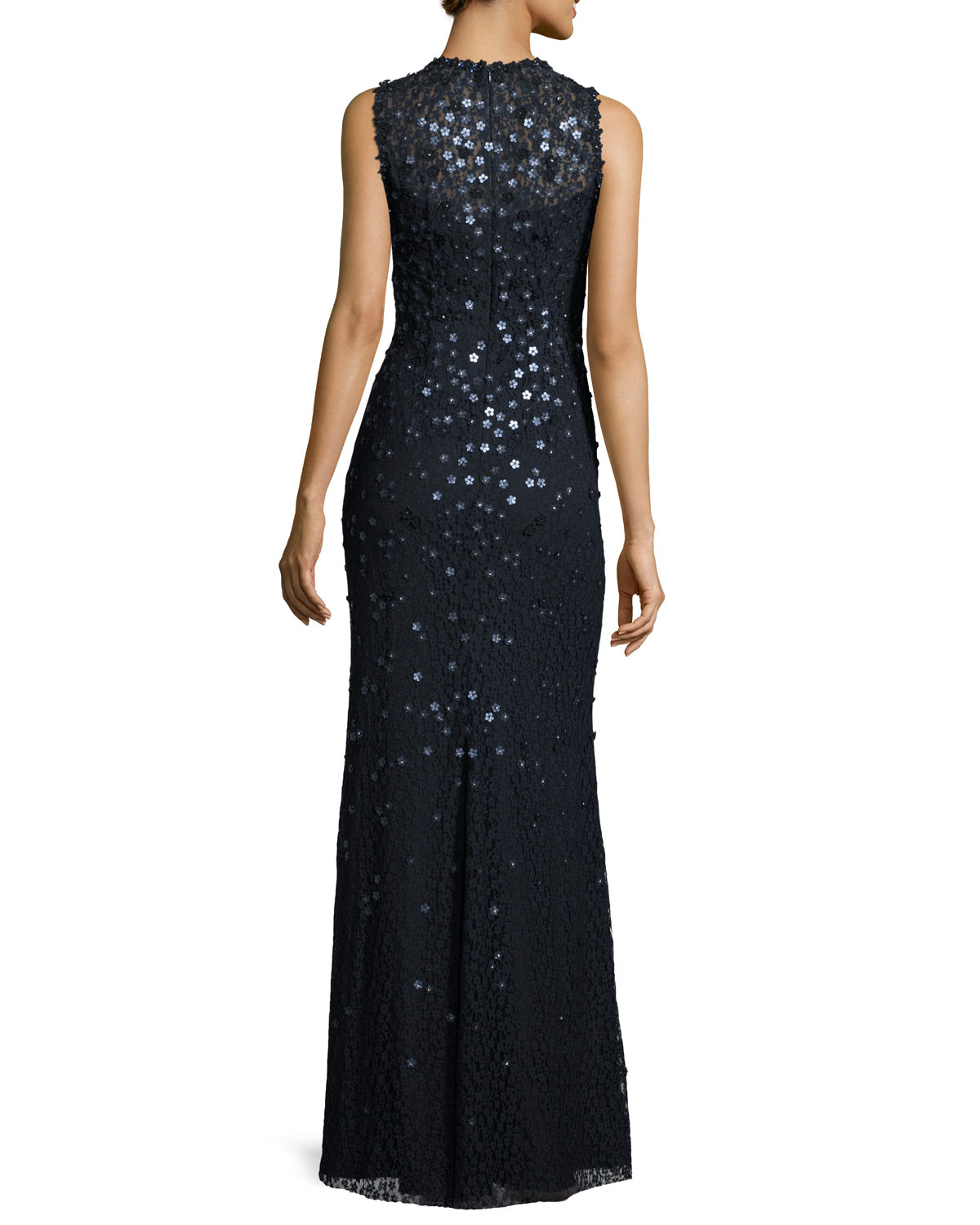 Floral-Sequin Sleeveless Jewel-Neck Gown, Dark Navy