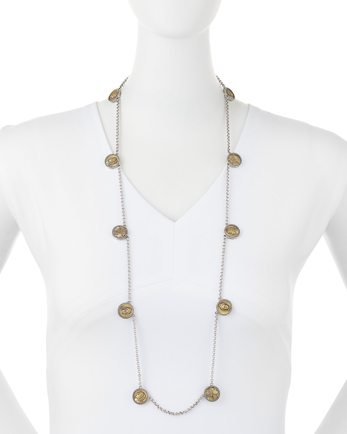 Silver and Bronze Long Coin Necklace, 36"