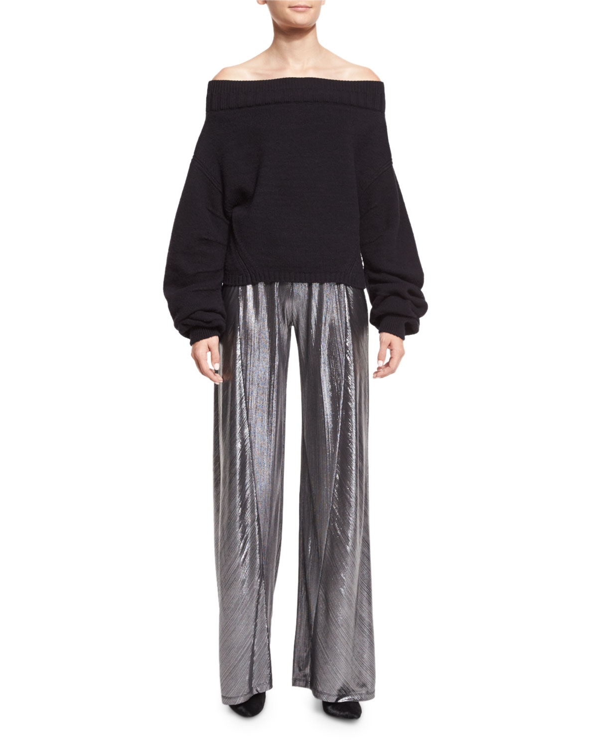 Luminous Wide-Leg Lamé Pants, Silver