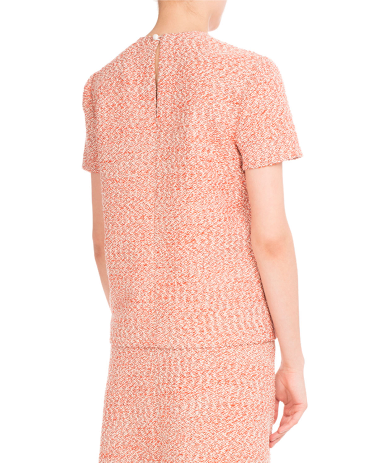 Tweed Short-Sleeve Round-Neck Top, Orange/White