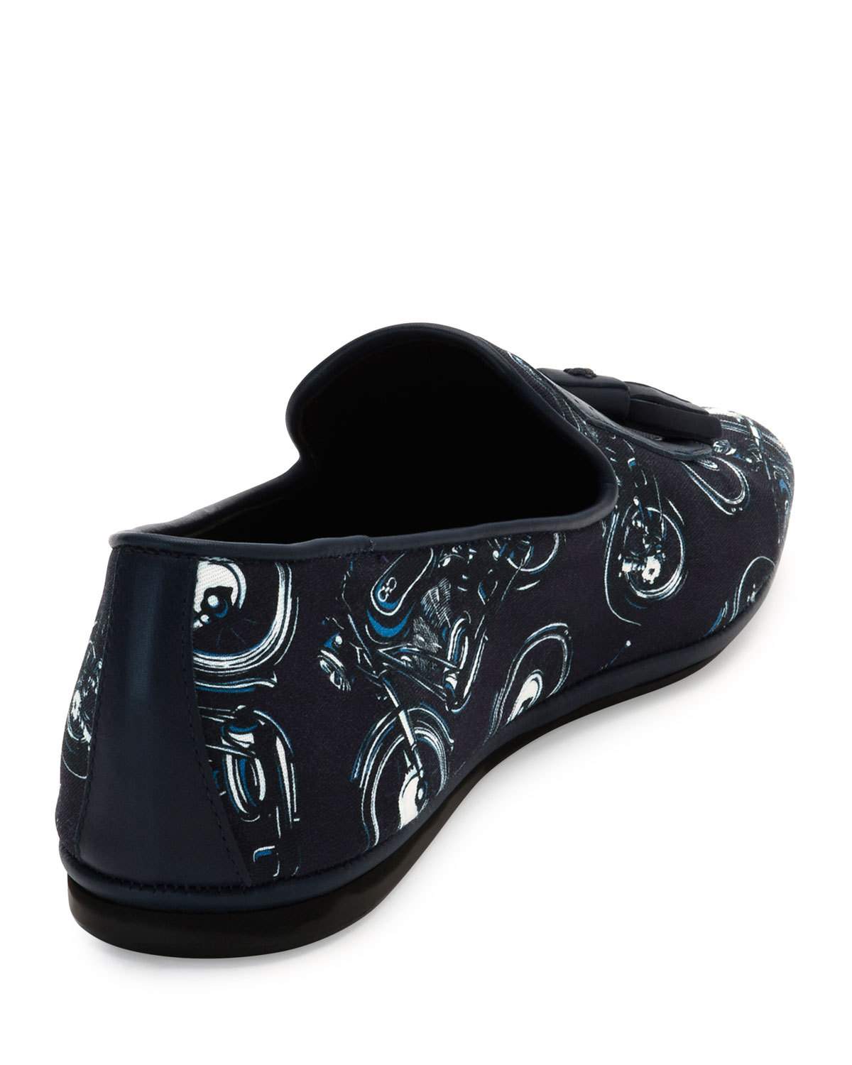 Finnegan Motorcycle-Print Smoking Slipper with Oversized Calfskin Tassels, Deep Blue/Black