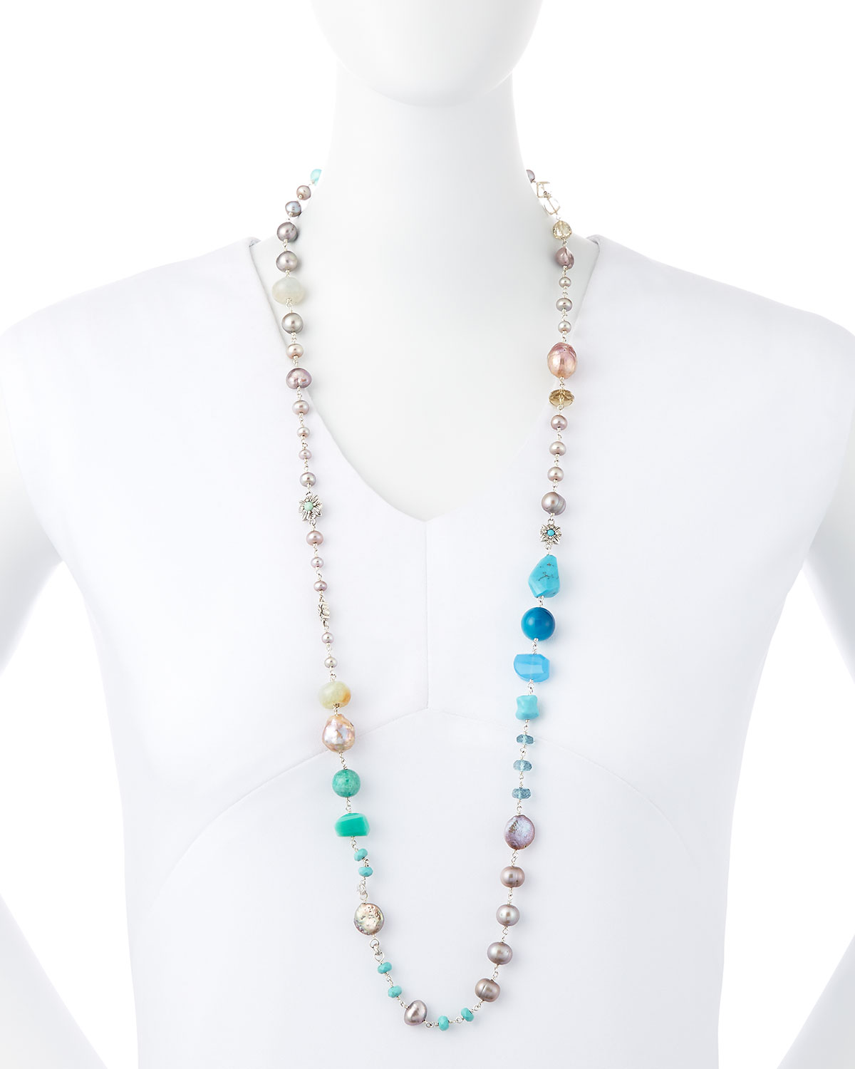 Silver Multi-Stone Long Necklace