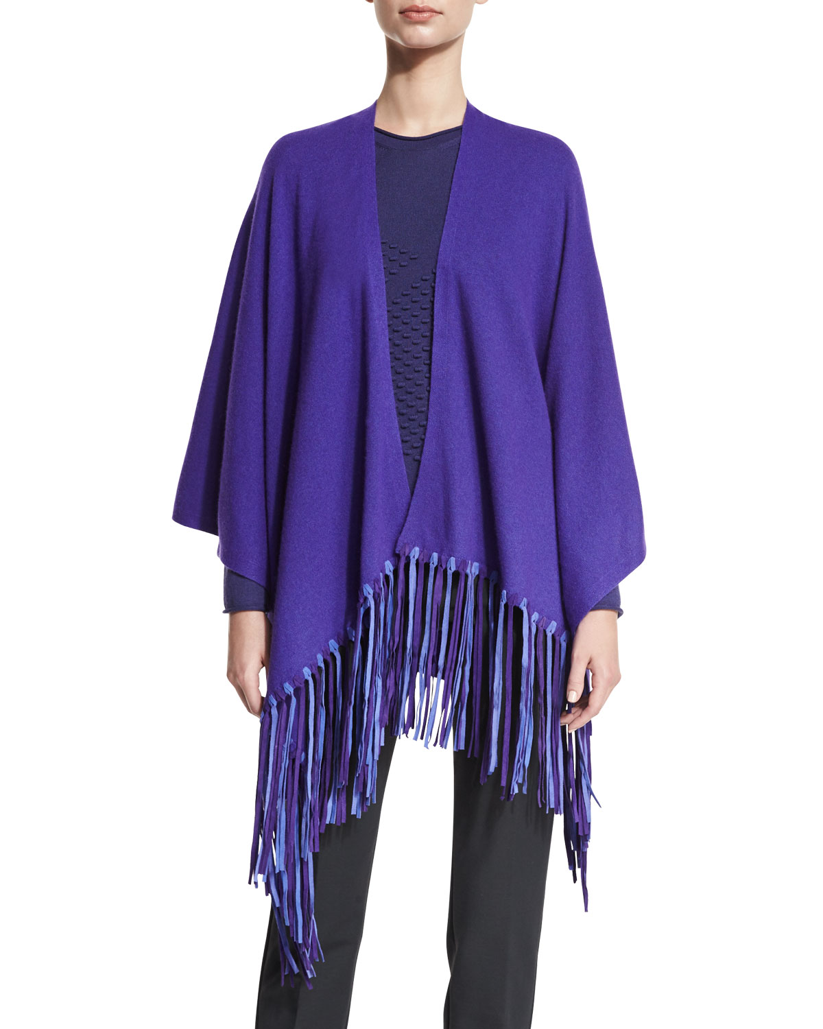 Wool-Blend Fringe Cape, Imperial Purple