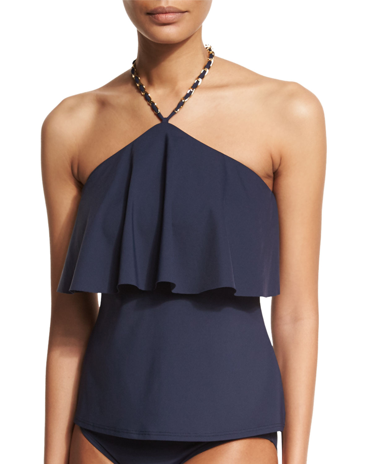 Cascading-Front Tankini Swim Top, New Navy