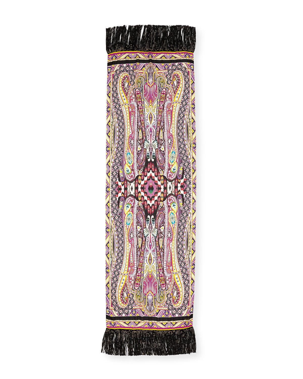 Silk Batik Paisley Fringe Scarf, Black/Pink