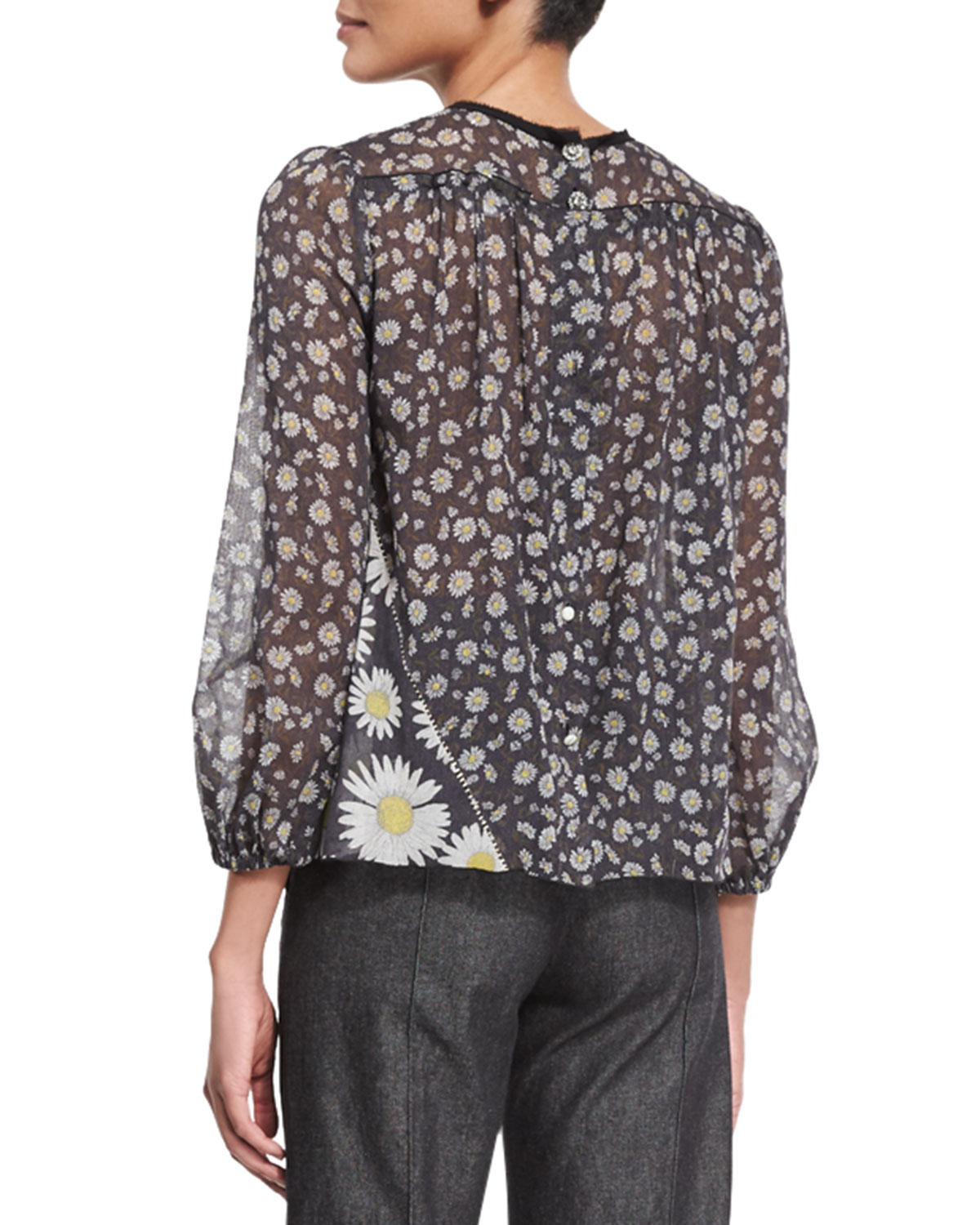 Tie-Neck Daisy-Print Peasant Blouse, Black/Multi