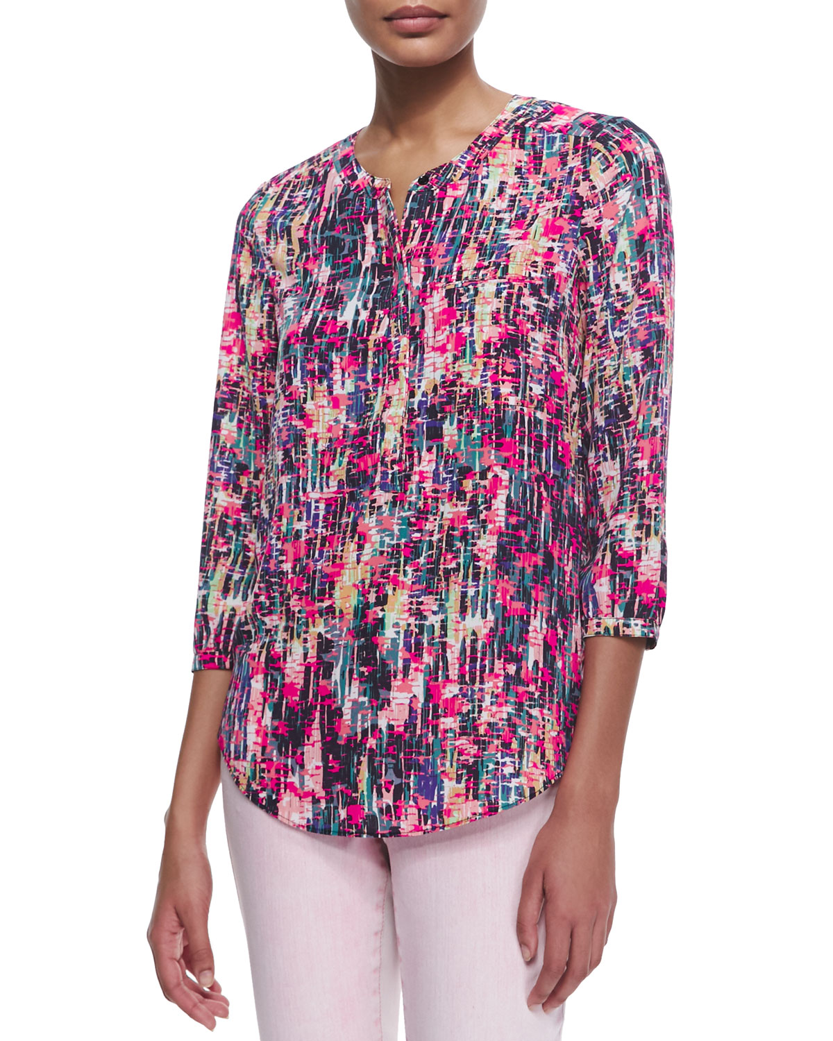 3/4-Sleeve Printed Pleated-Back Blouse, Spring Confetti