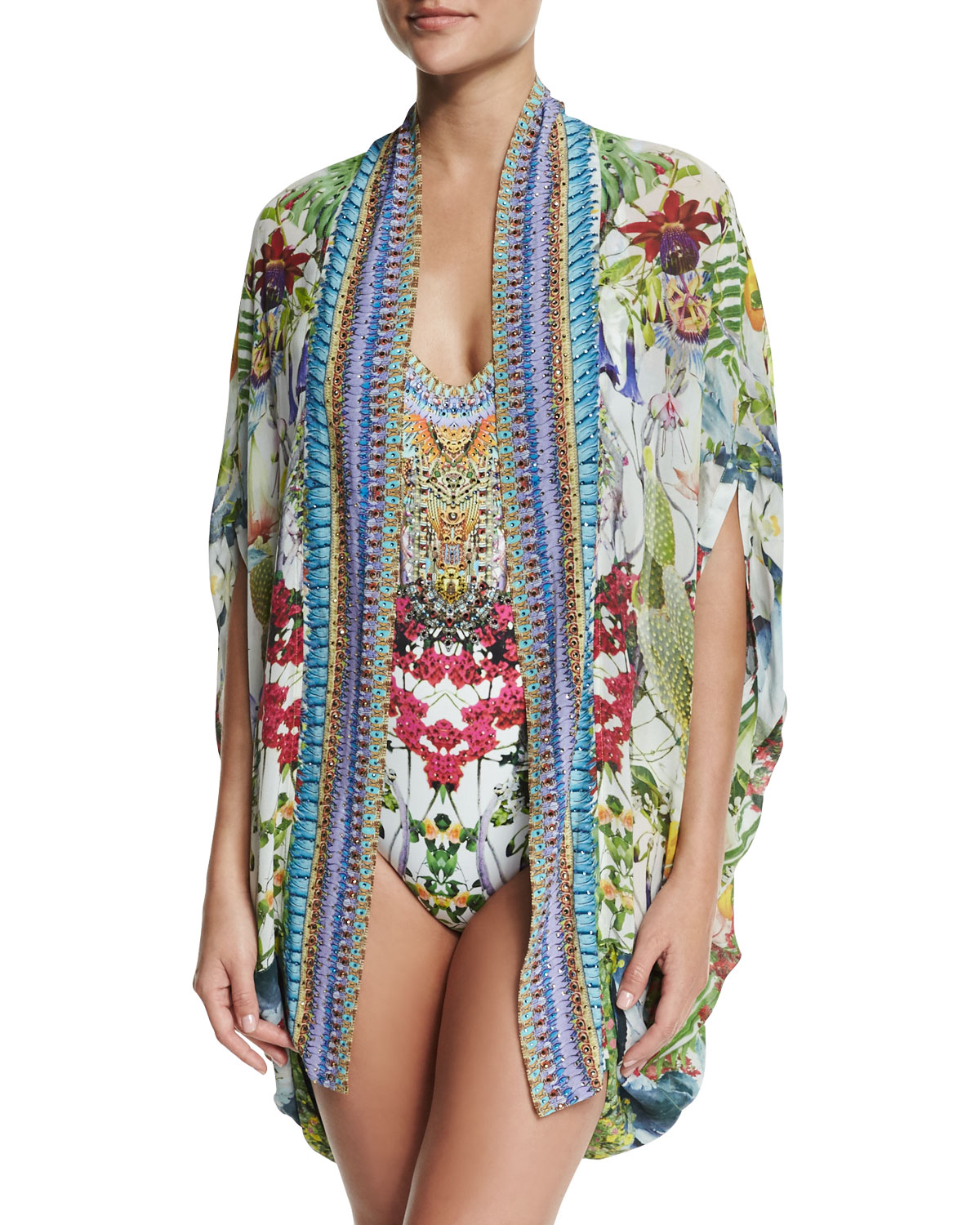 Open-Front Embellished Silk Cardigan/Cape Coverup, Exotic Hypnotic