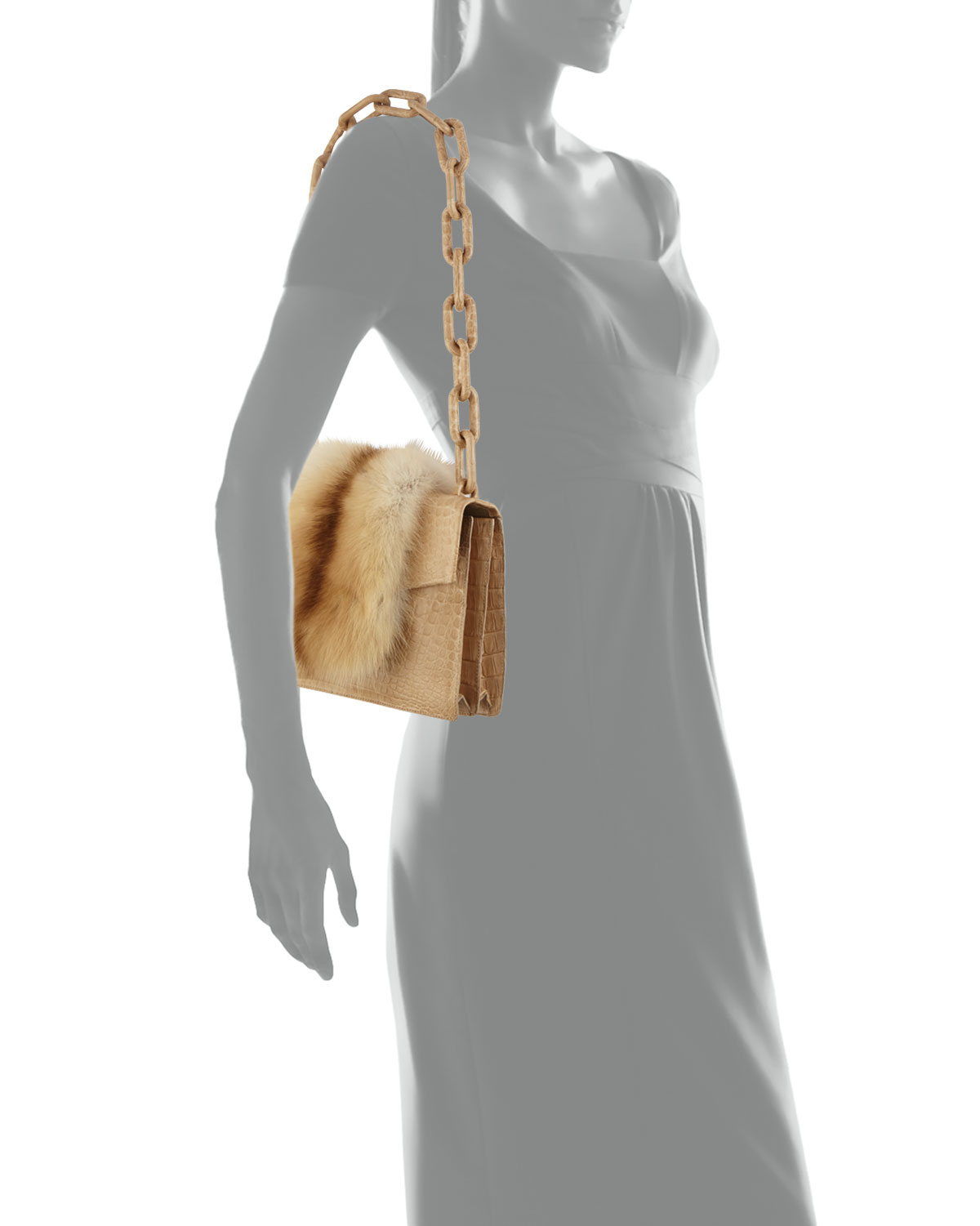 Sable/Crocodile Small Chain-Strap Shoulder Bag, Camel