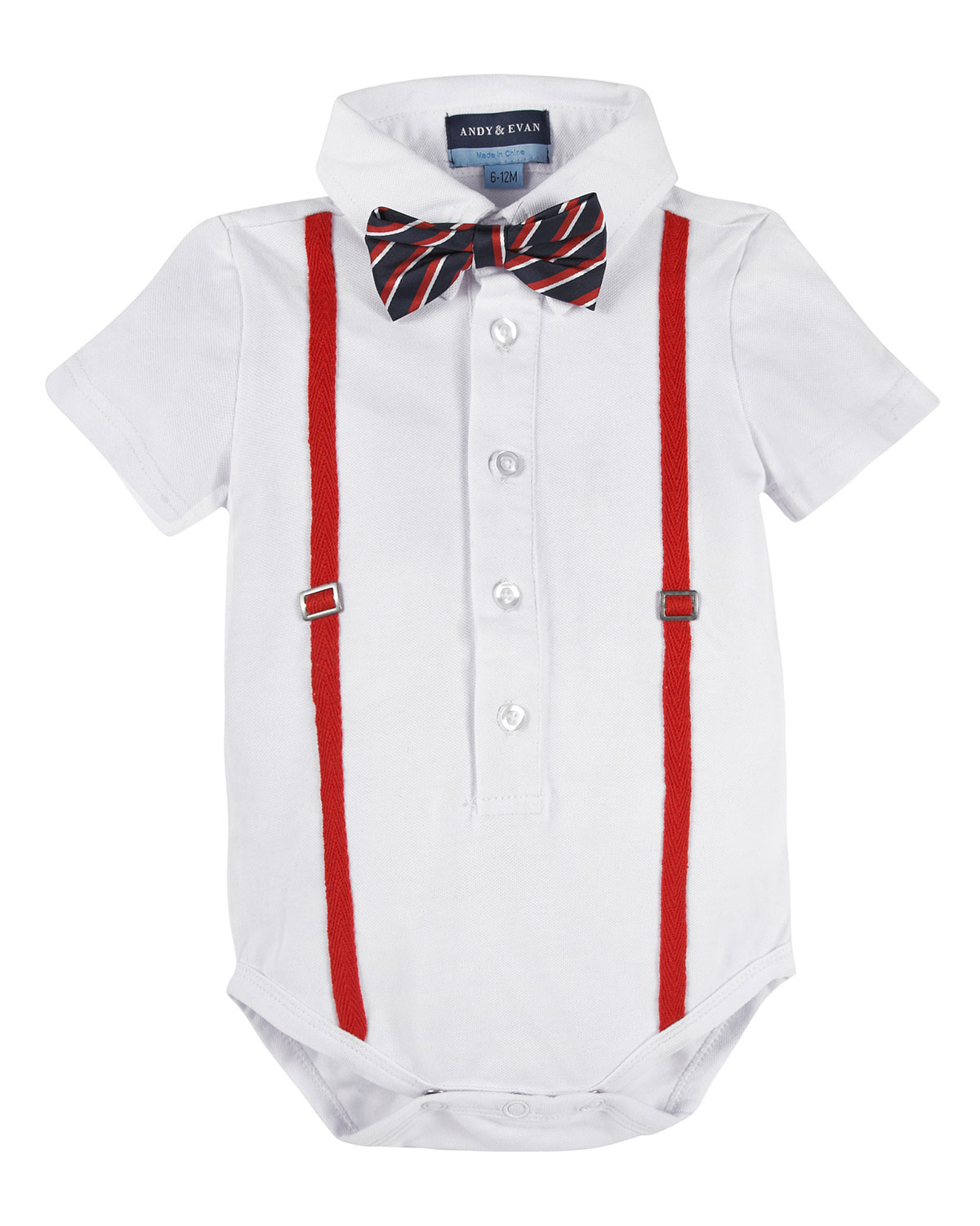 Short-Sleeve Polo Suspender Shirtzie w/ Star-Print Shorts, White, Size 3-24 Months