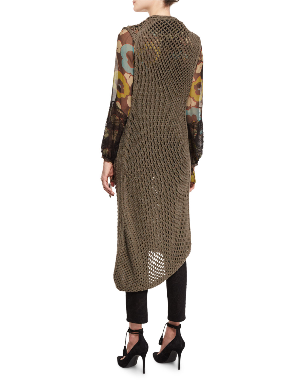 Fishnet Knit Long Vest, Taupe