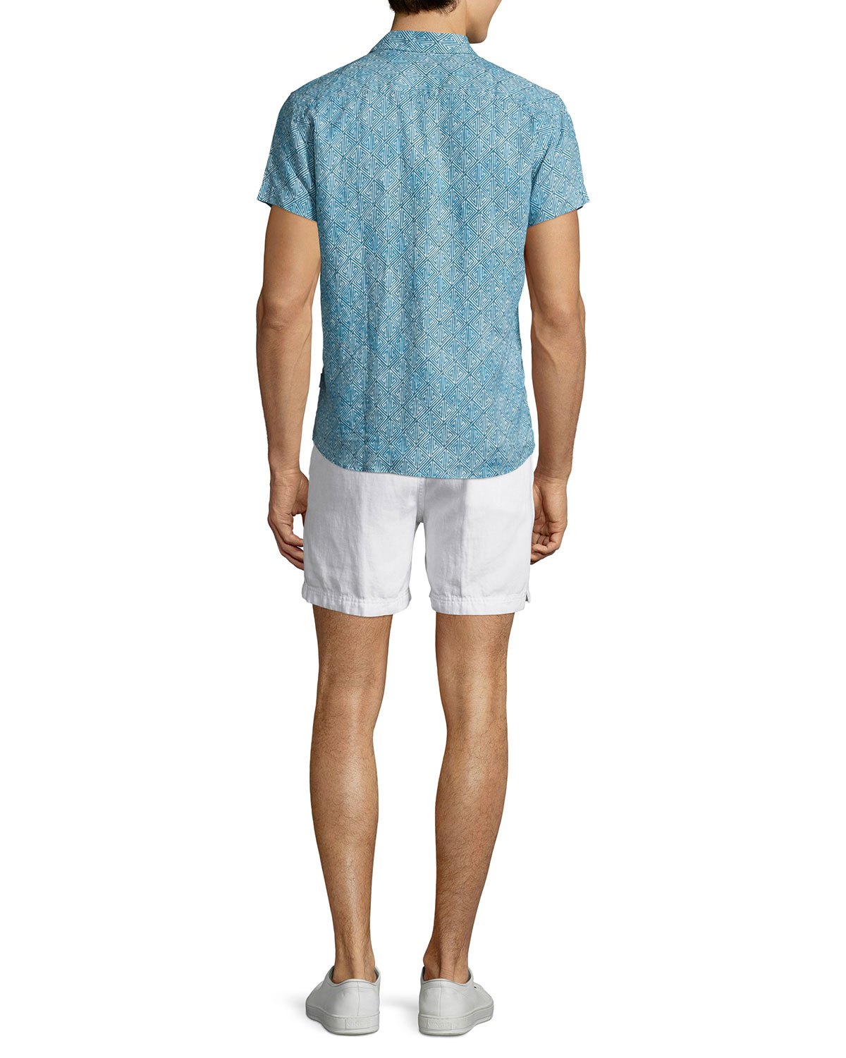 Batik-Print Short-Sleeve Linen Shirt, Teal