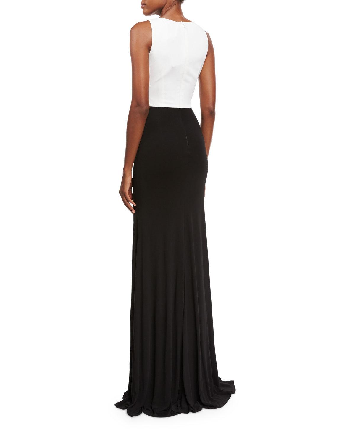 Sleeveless Two-Tone Floral Jersey Gown, White/Black