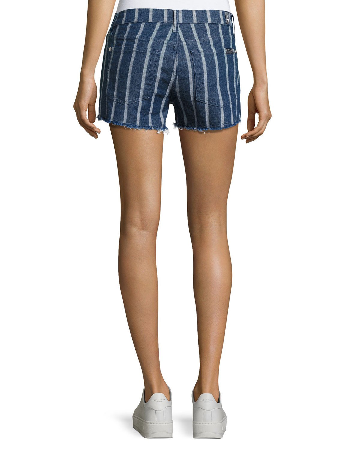 Striped Denim Cutoff Shorts, Indigo
