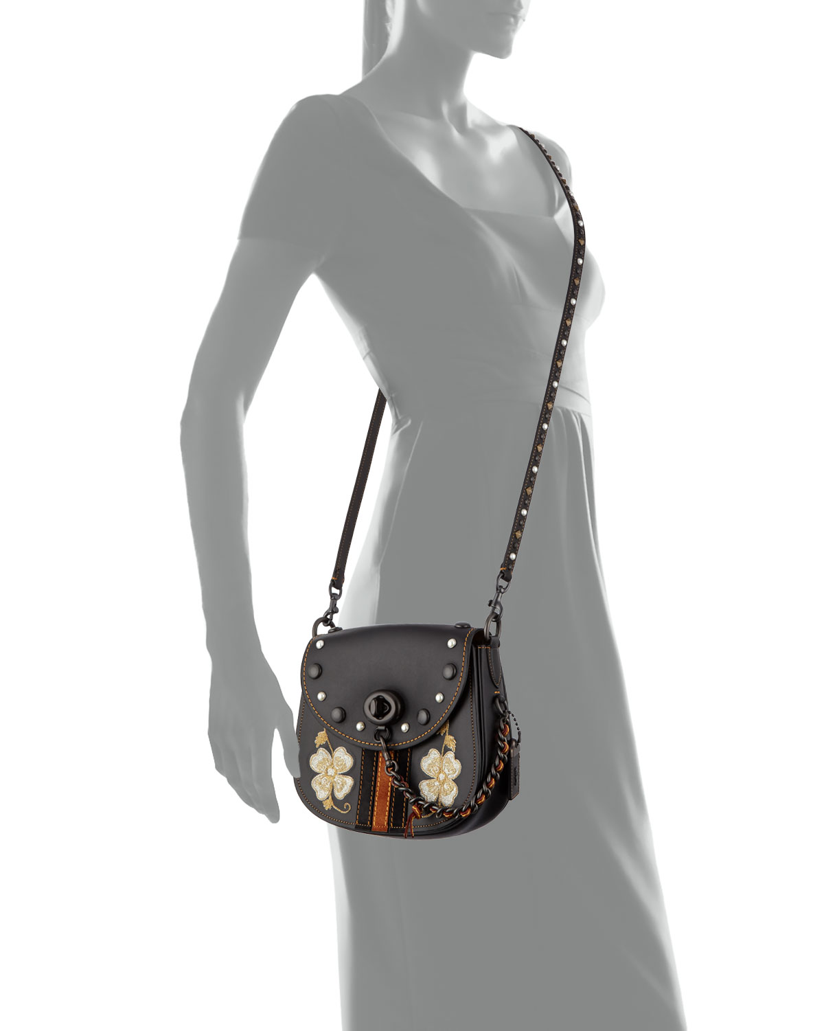 23 Western-Embroidered Leather Saddle Bag, Black