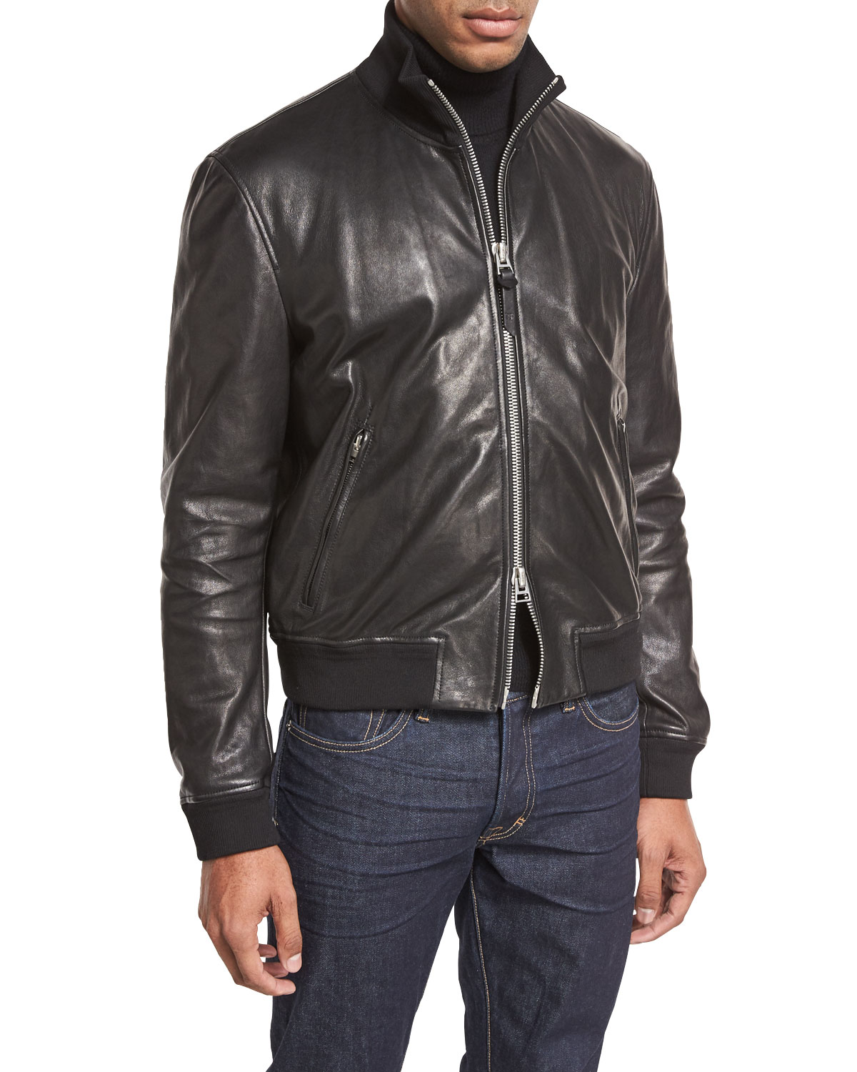 Lamb Leather Funnel-Neck Bomber Jacket, Black