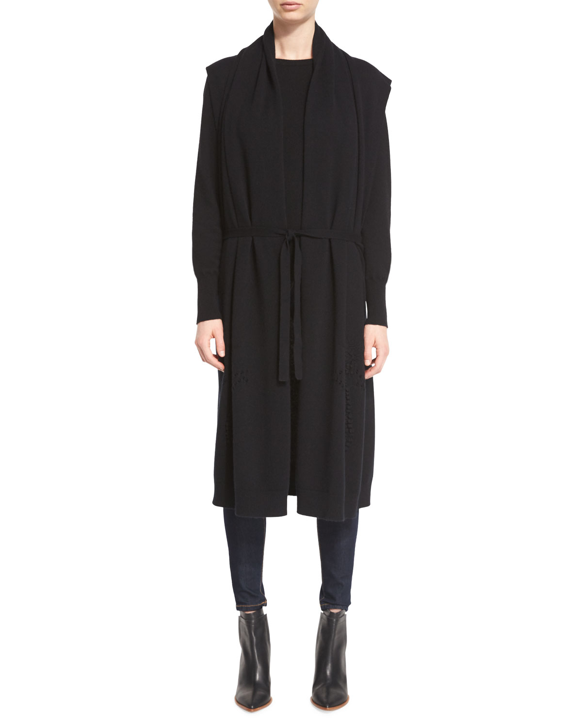 Embroidered Long Cashmere Cape, Navy