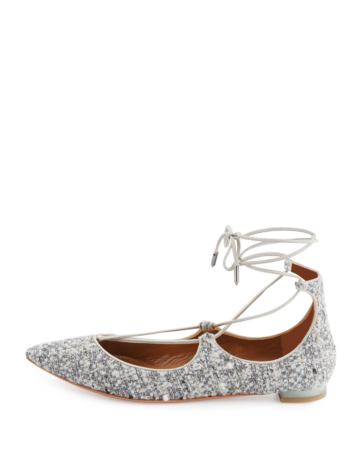 Christy Tweed Lace-Up Pointed-Toe Flat, Light Gray