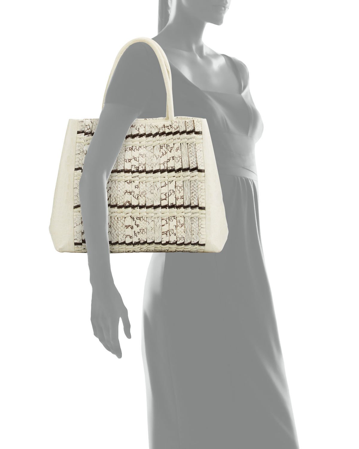 Crocodile Medium Striped Convertible Tote Bag, Cream