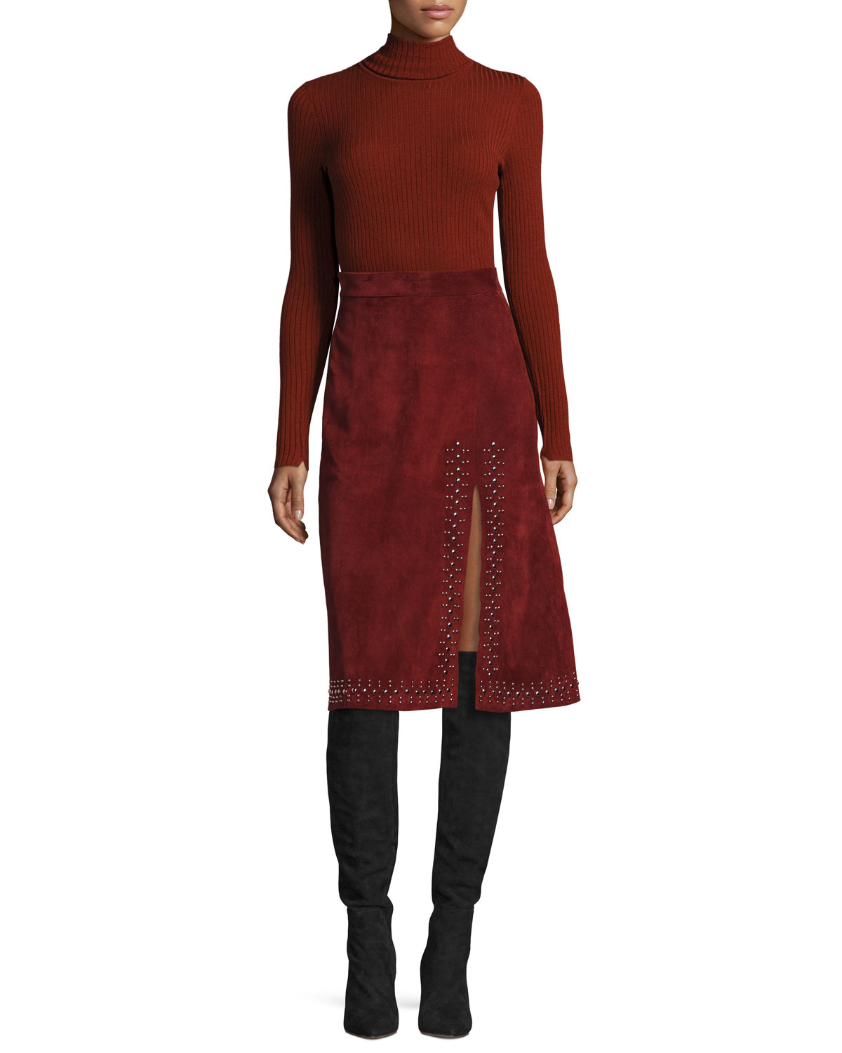 Aimee Studded Suede Skirt, Bordeaux