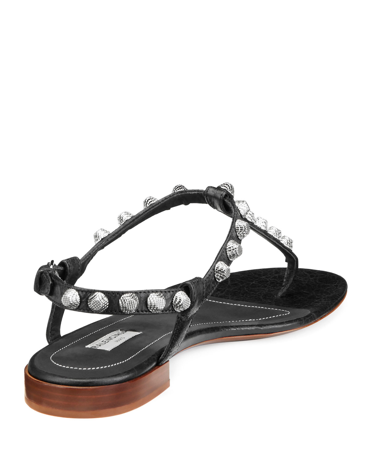 Studded Flat Leather T-Strap Sandal, Noir 