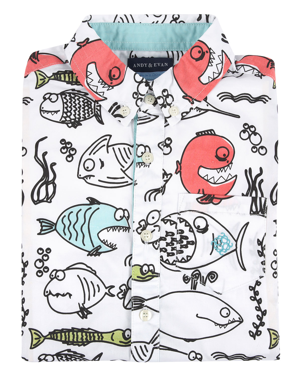 Short-Sleeve Poplin Fish Shirtzie, White/Blue, Size 3-24 Months