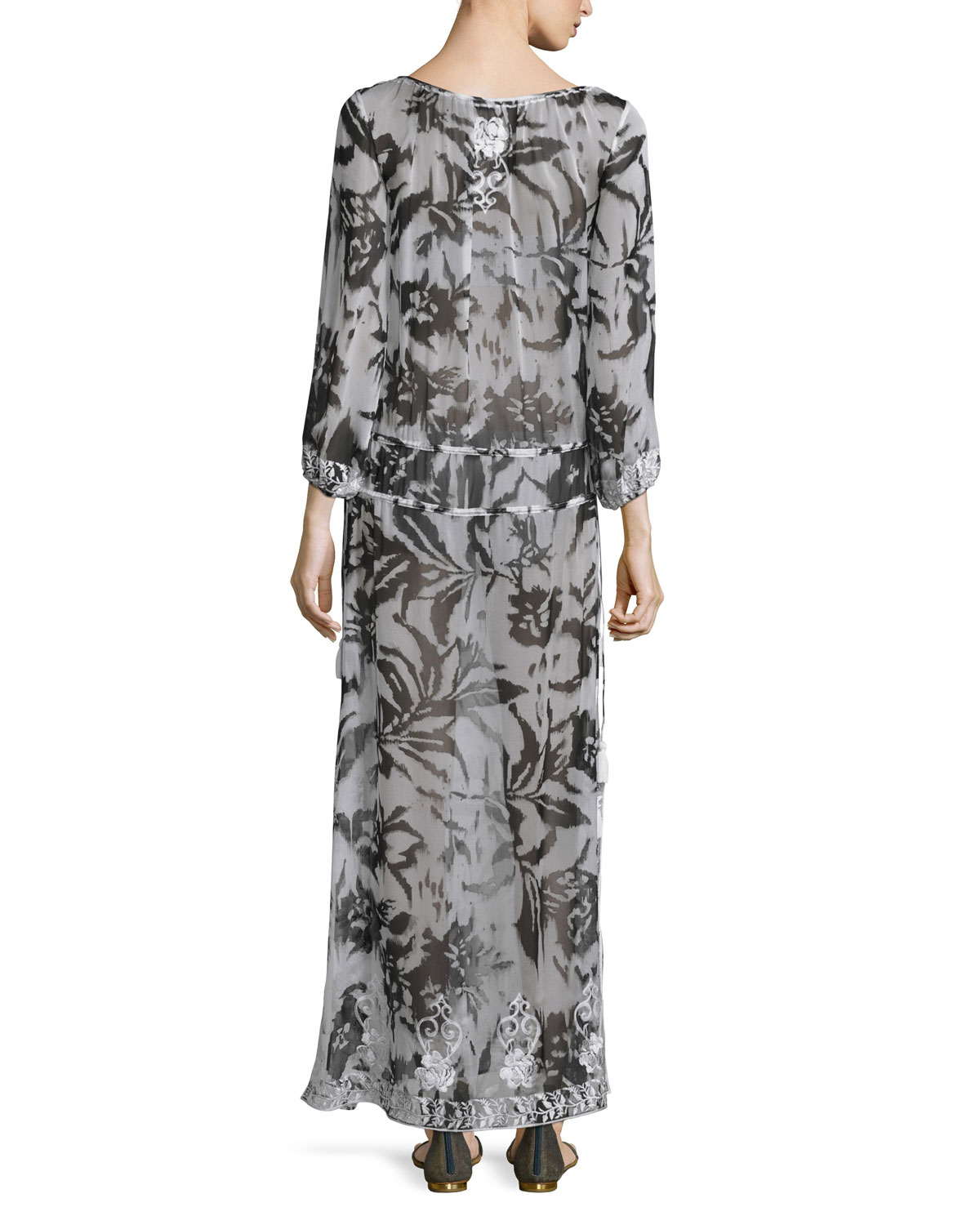 Silk Chiffon Boho Maxi Coverup Dress, White/Black