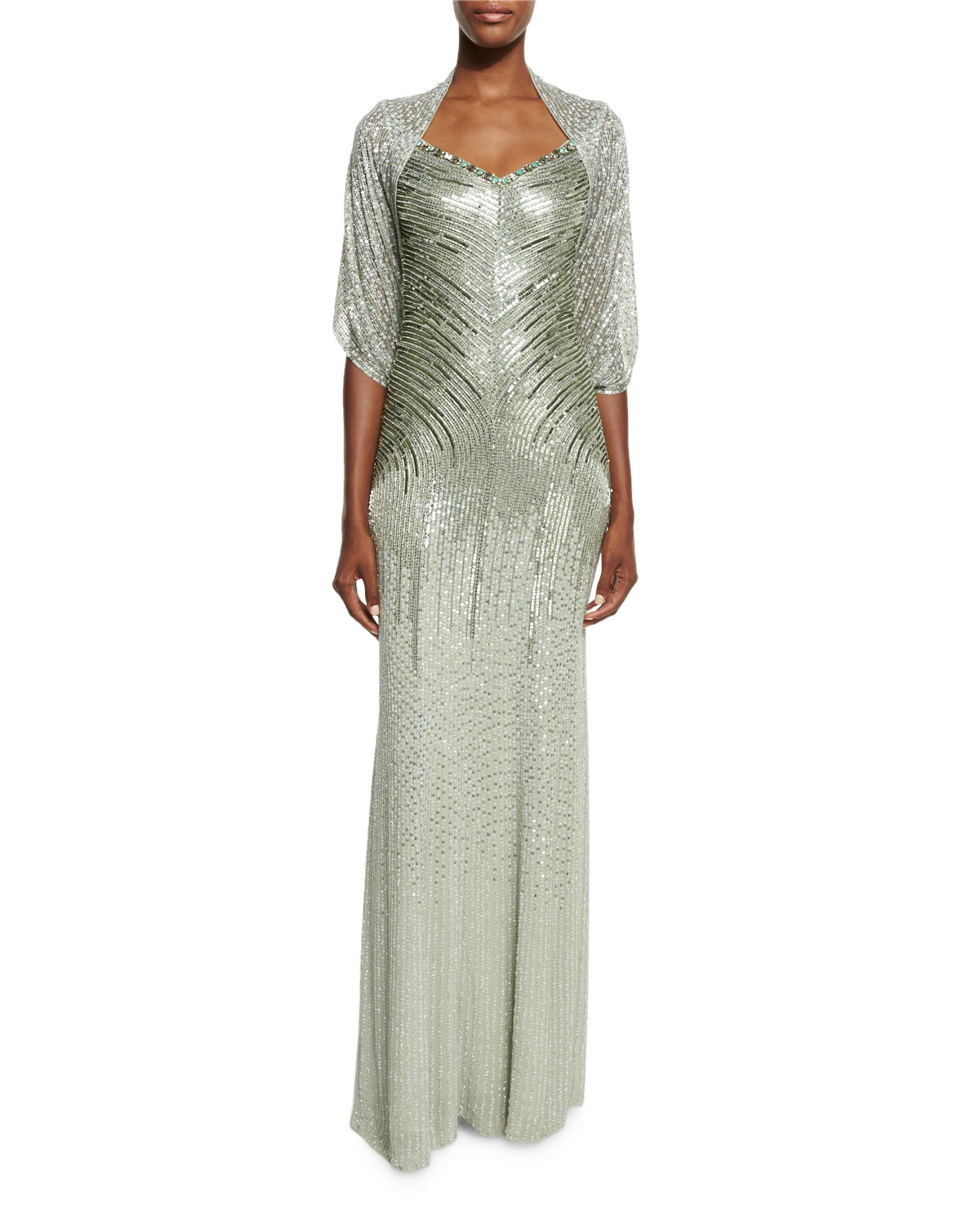 Linear-Sequin Sleeveless Gown, Azure