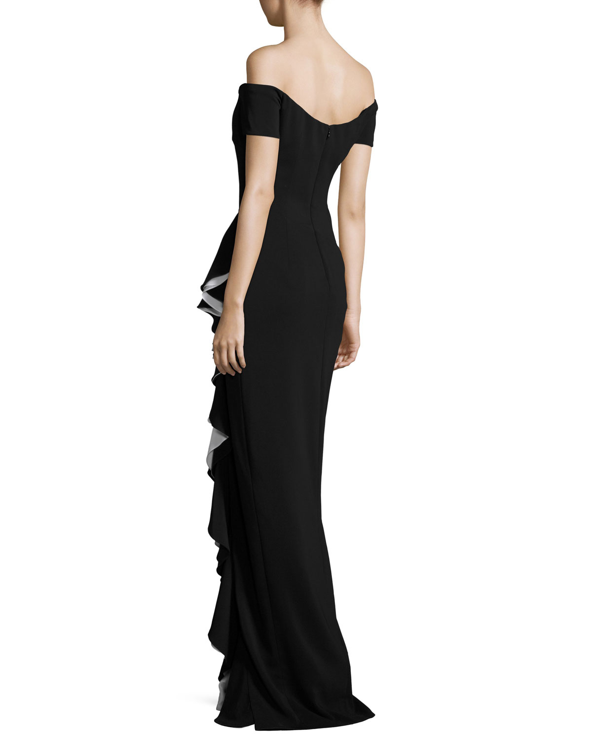 Off-the-Shoulder Draped Ruffle Column Gown, Black/Ivory