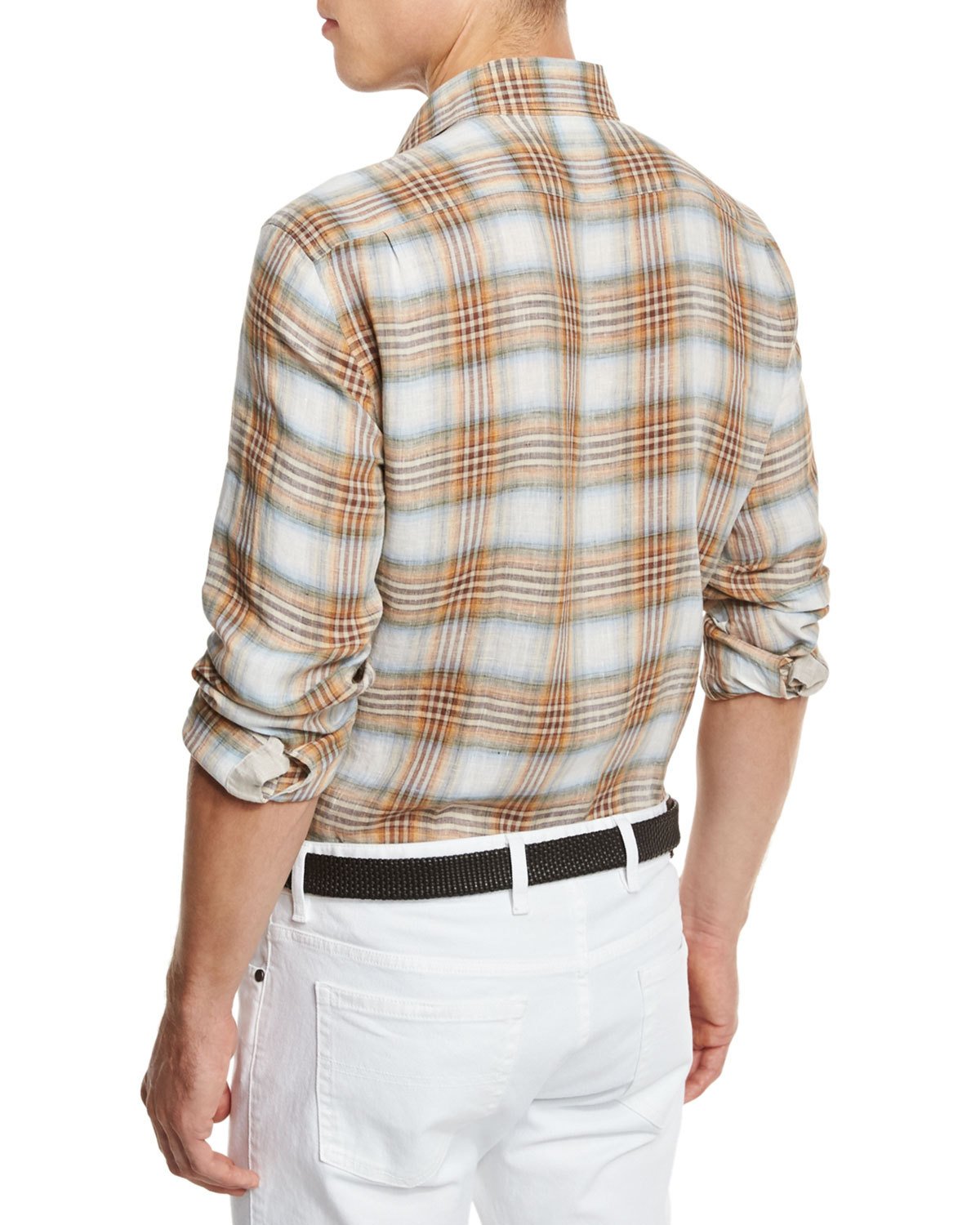 Plaid Linen Sport Shirt, Orange/Medium Brown Check