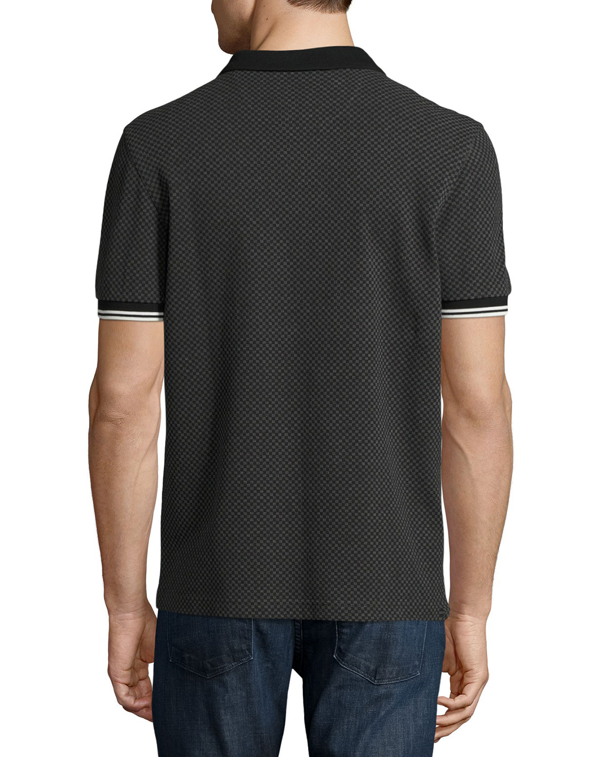 Checkerboard-Print Piqué Polo Shirt, Graphite Marl