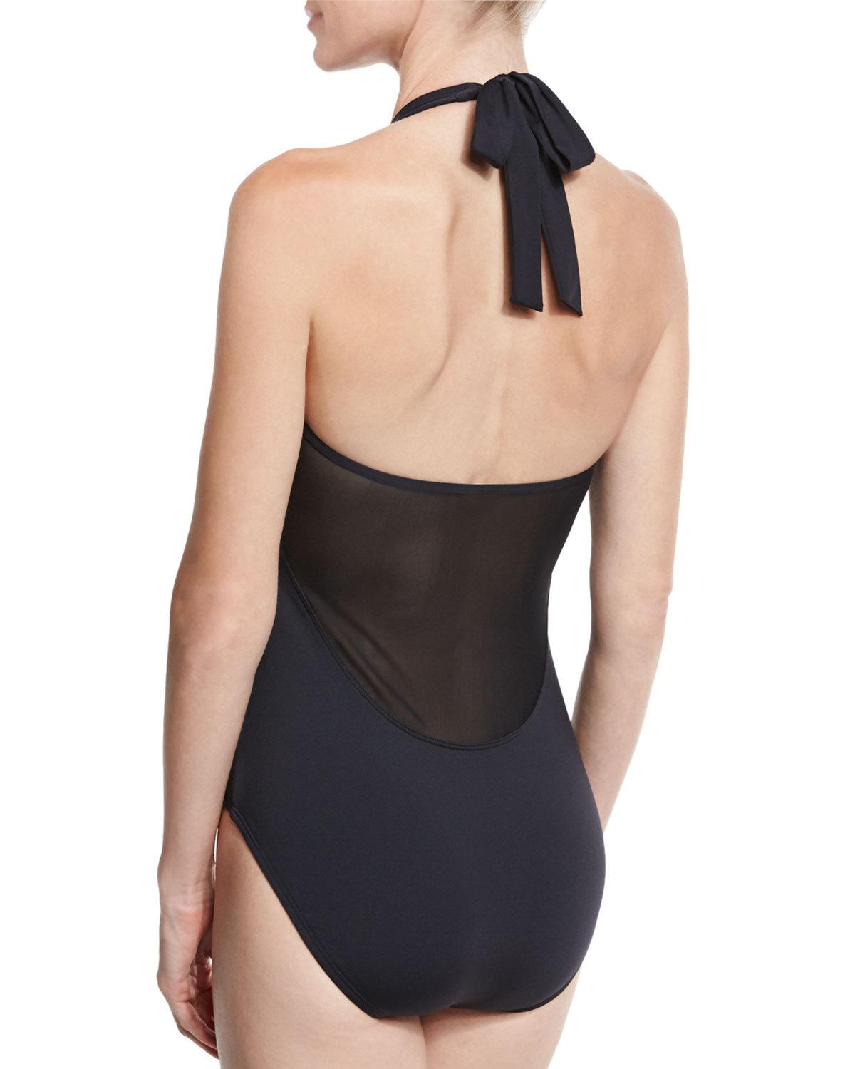 Mesh Solids Halter One-Piece Swimsuit, Black