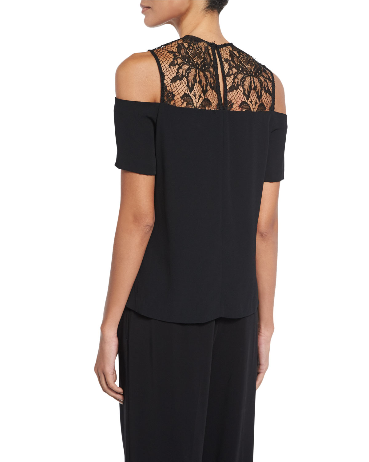 Glyn Lace-Trim Crepe Cold-Shoulder Top, Black