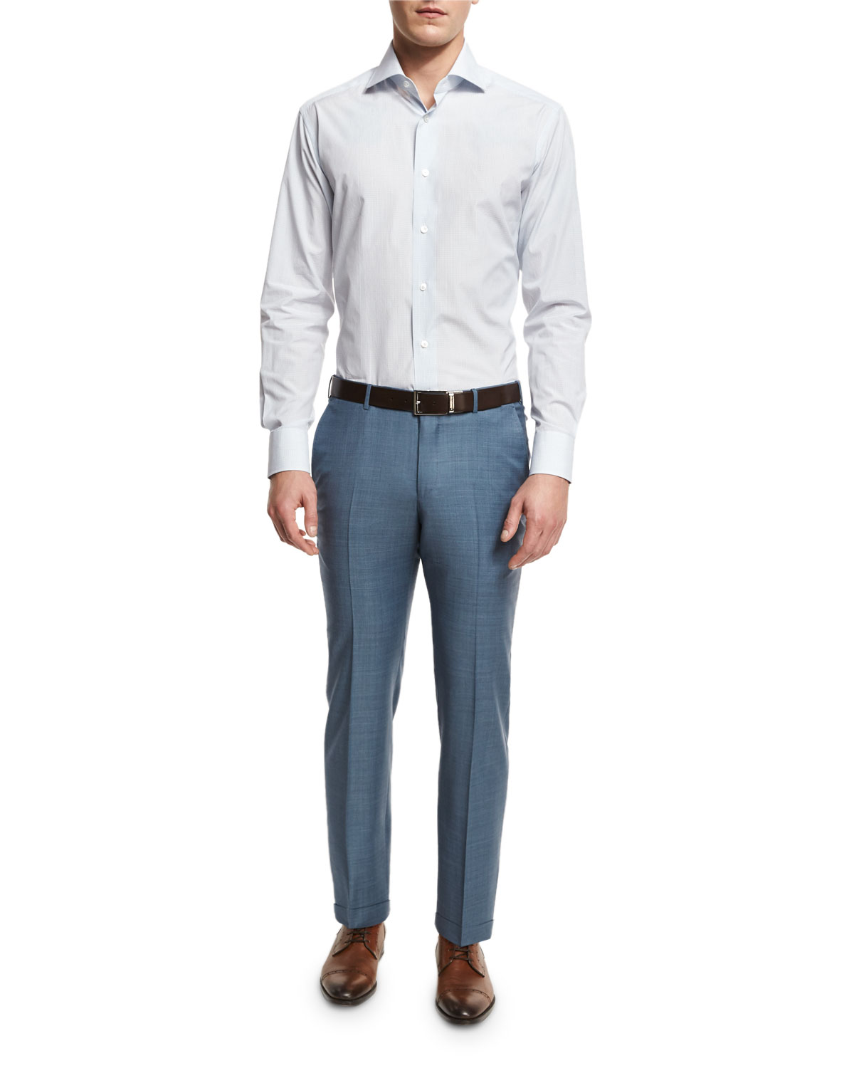 Sharkskin Wool Flat-Front Trousers, Light Blue