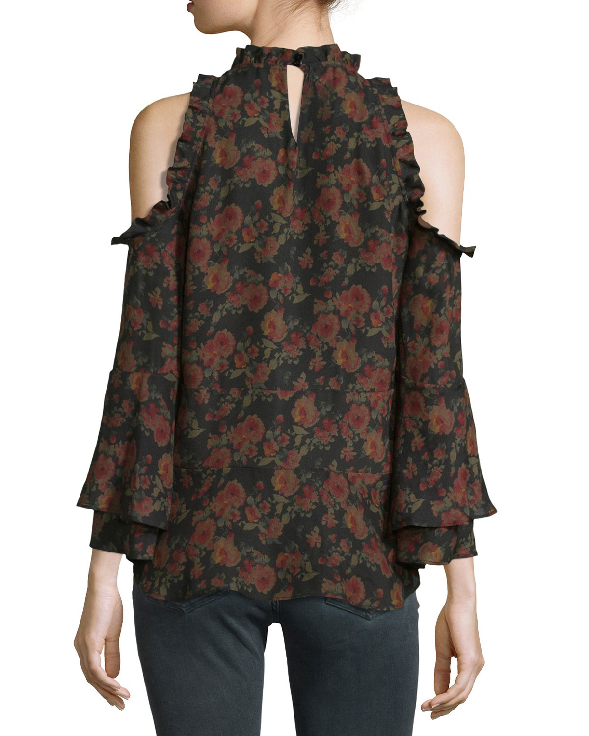 Eloane Floral Silk Cold-Shoulder Blouse, Black/Khaki