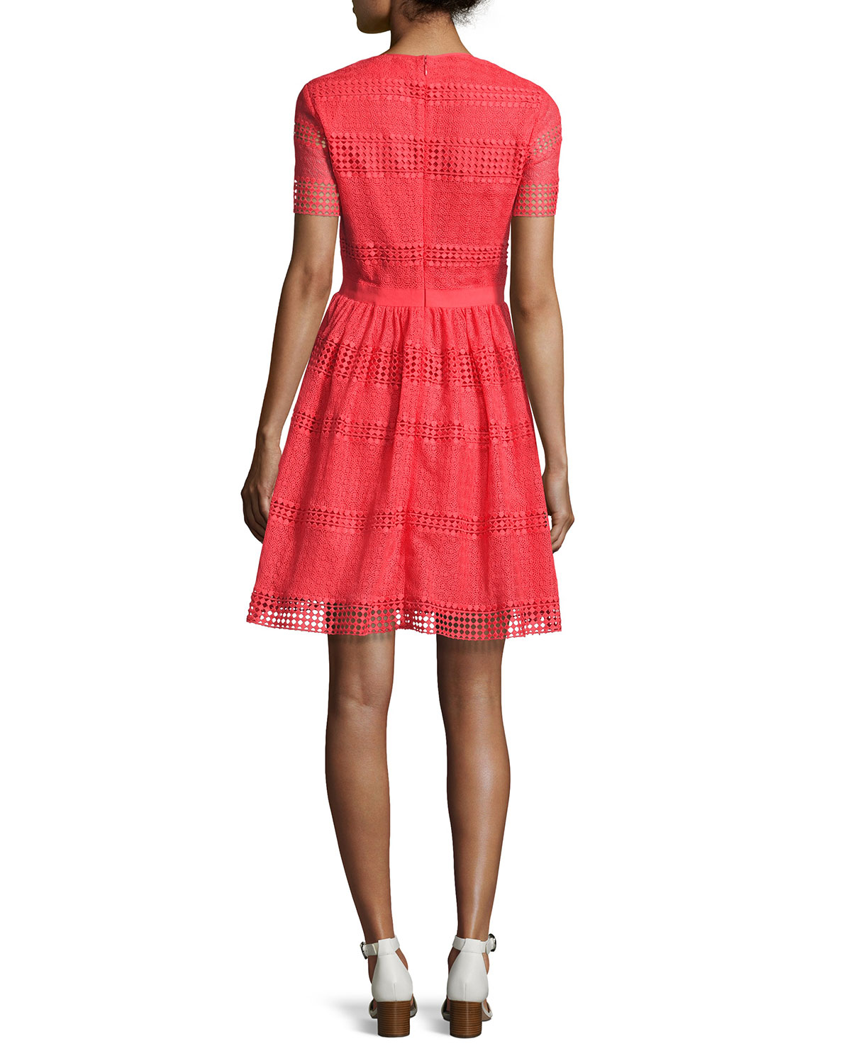 Short-Sleeve Graphic Striped Eyelet Dress, Pink