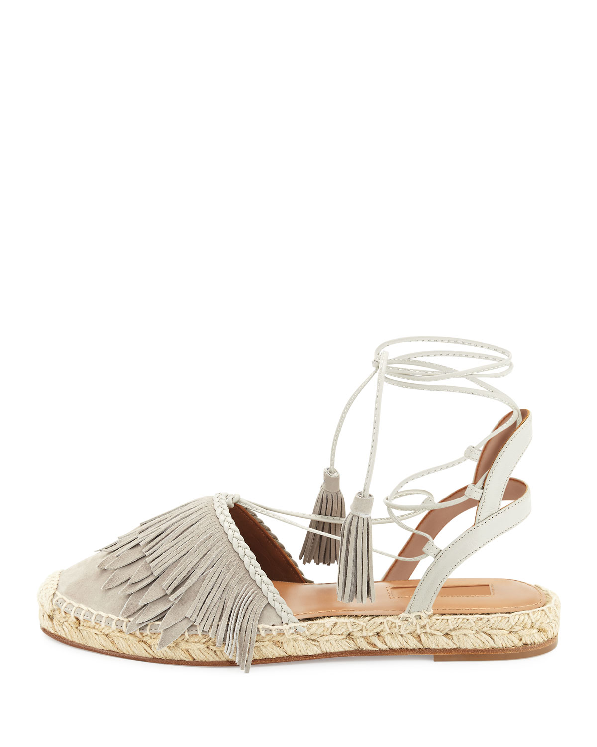 Fringe Suede & Leather Espadrille Flat, Light Gray