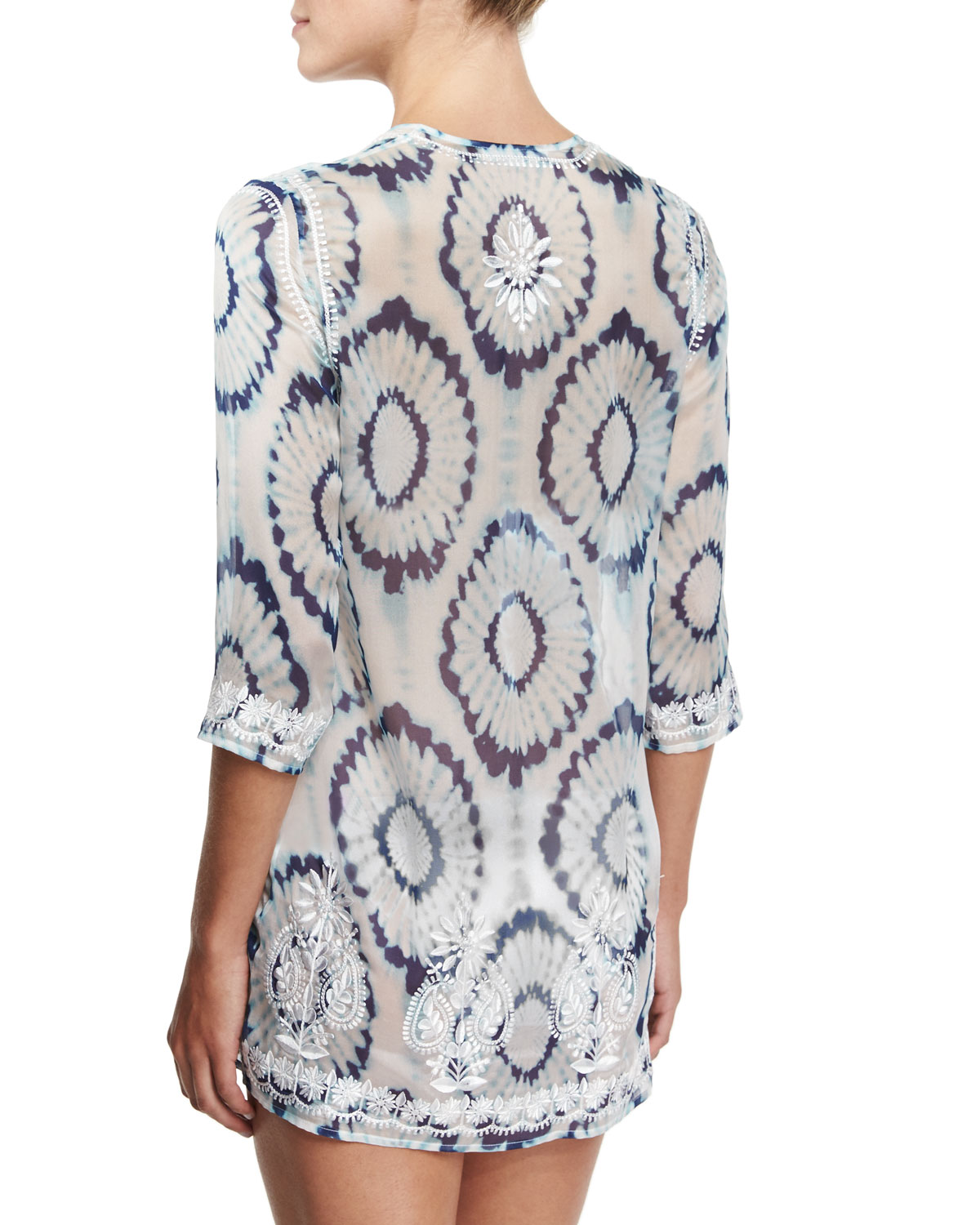 Embroidered-Front Printed Short Tunic Coverup