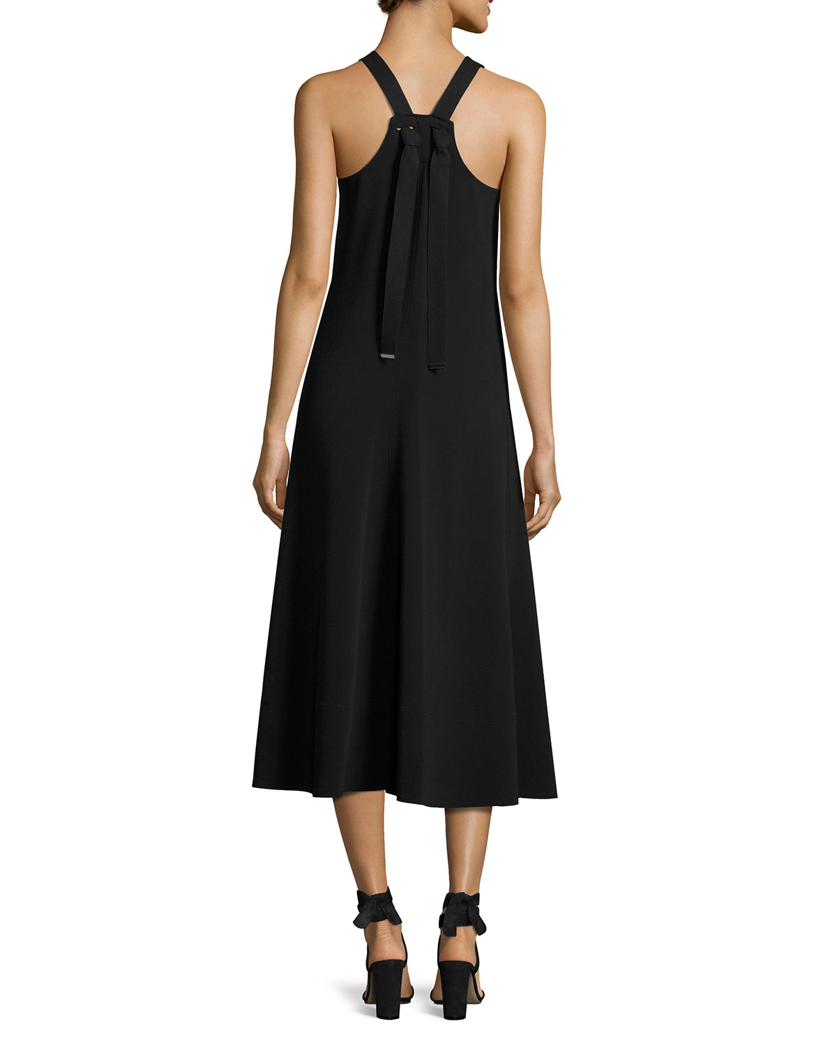 Penn Sleeveless Ribbon-Strap Midi Dress, Black