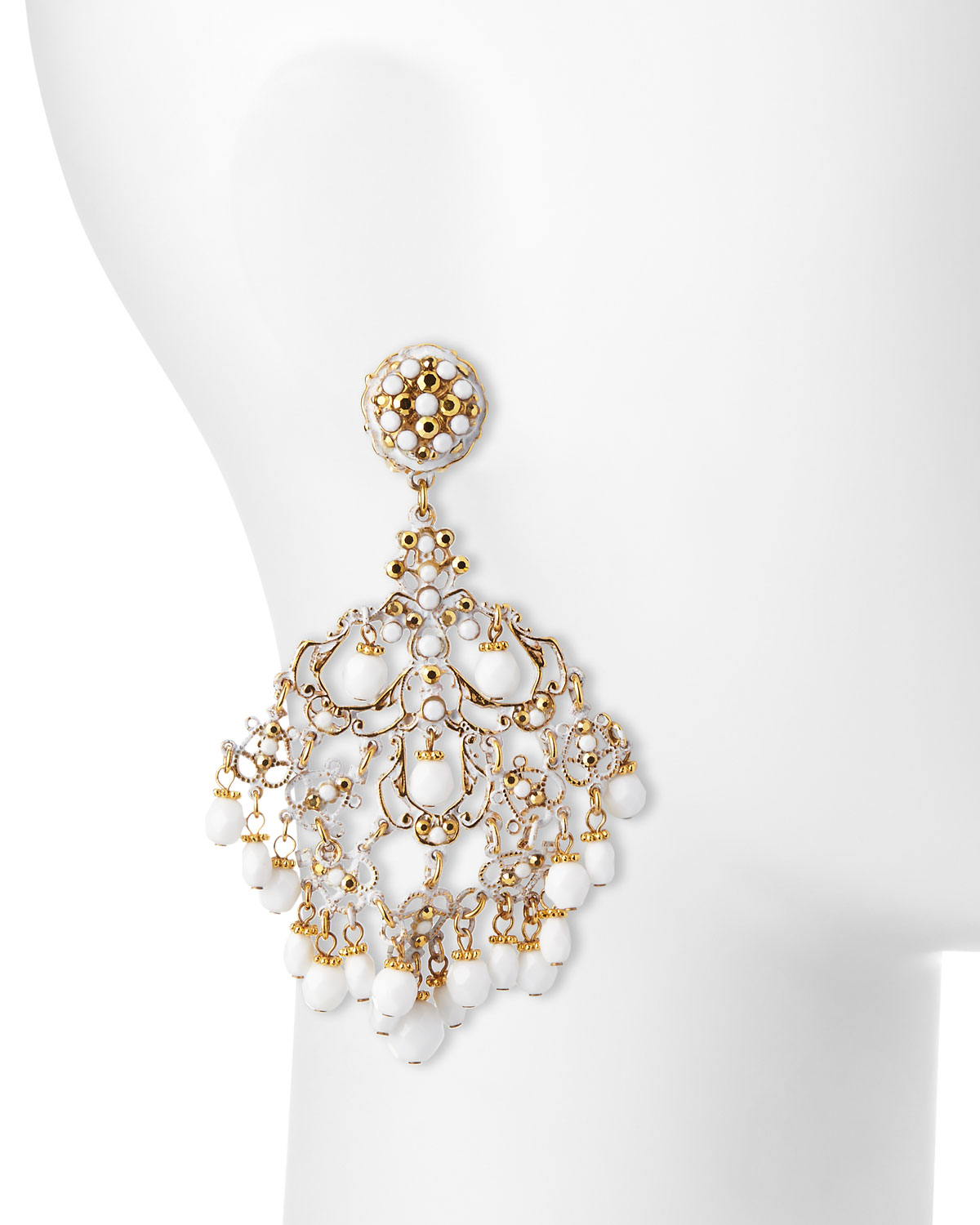 24k-Plated Filigreed Chandelier Clip Earrings w/ White Wash