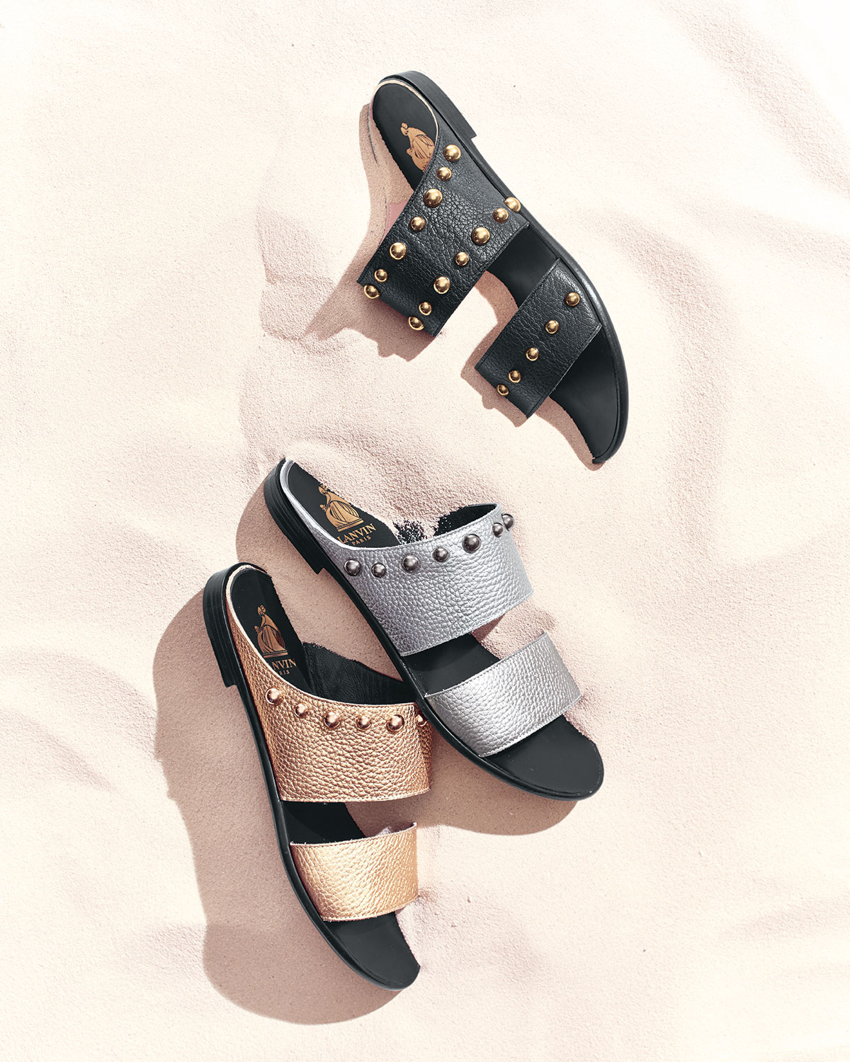 Studded Leather Two-Band Mule, Black