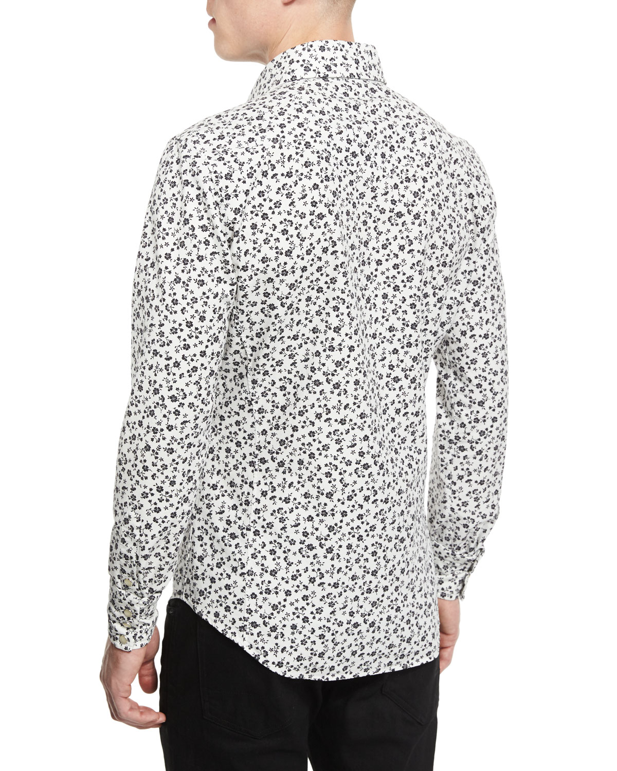 Western-Style Tailored Pansy-Print Sport Shirt, White