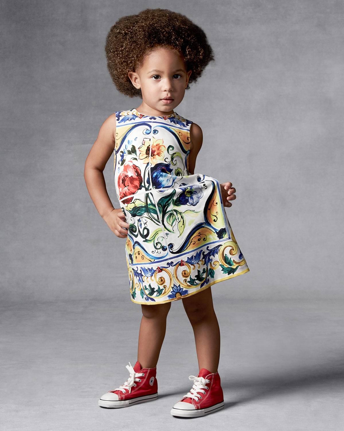 Sleeveless Floral Majolica Shift Dress, White, Size 2-6