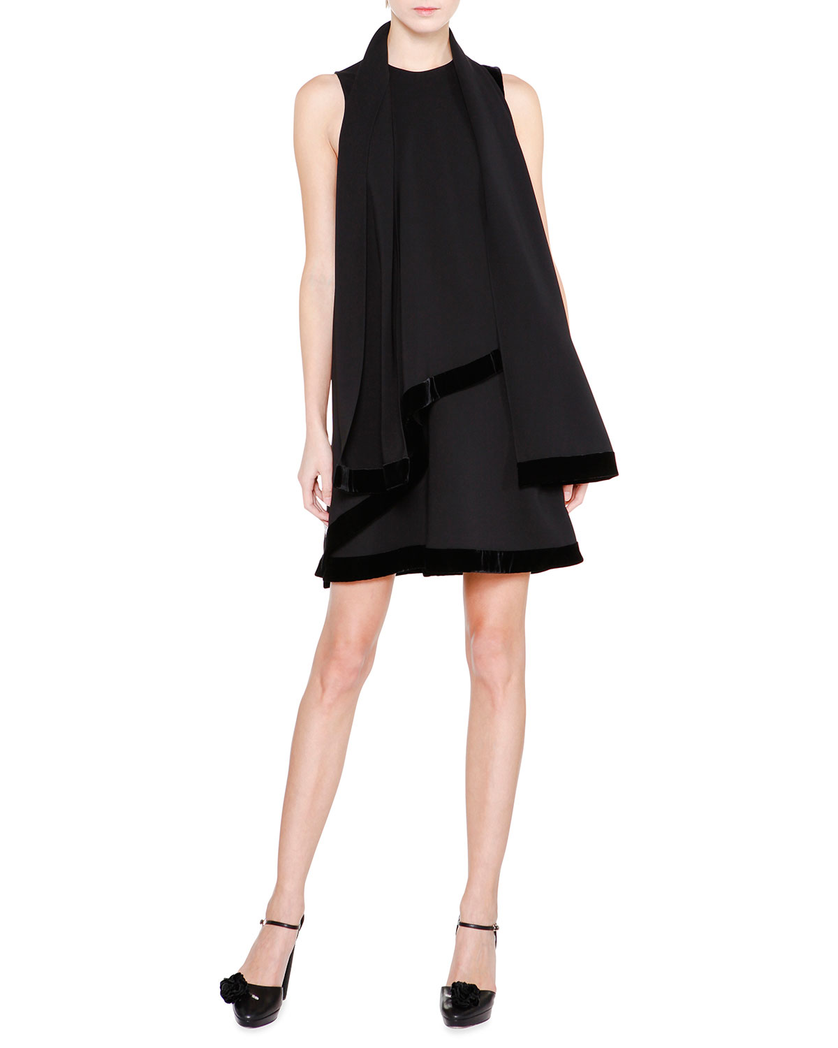 Velvet-Trim Shift Dress W/Scarf, Black