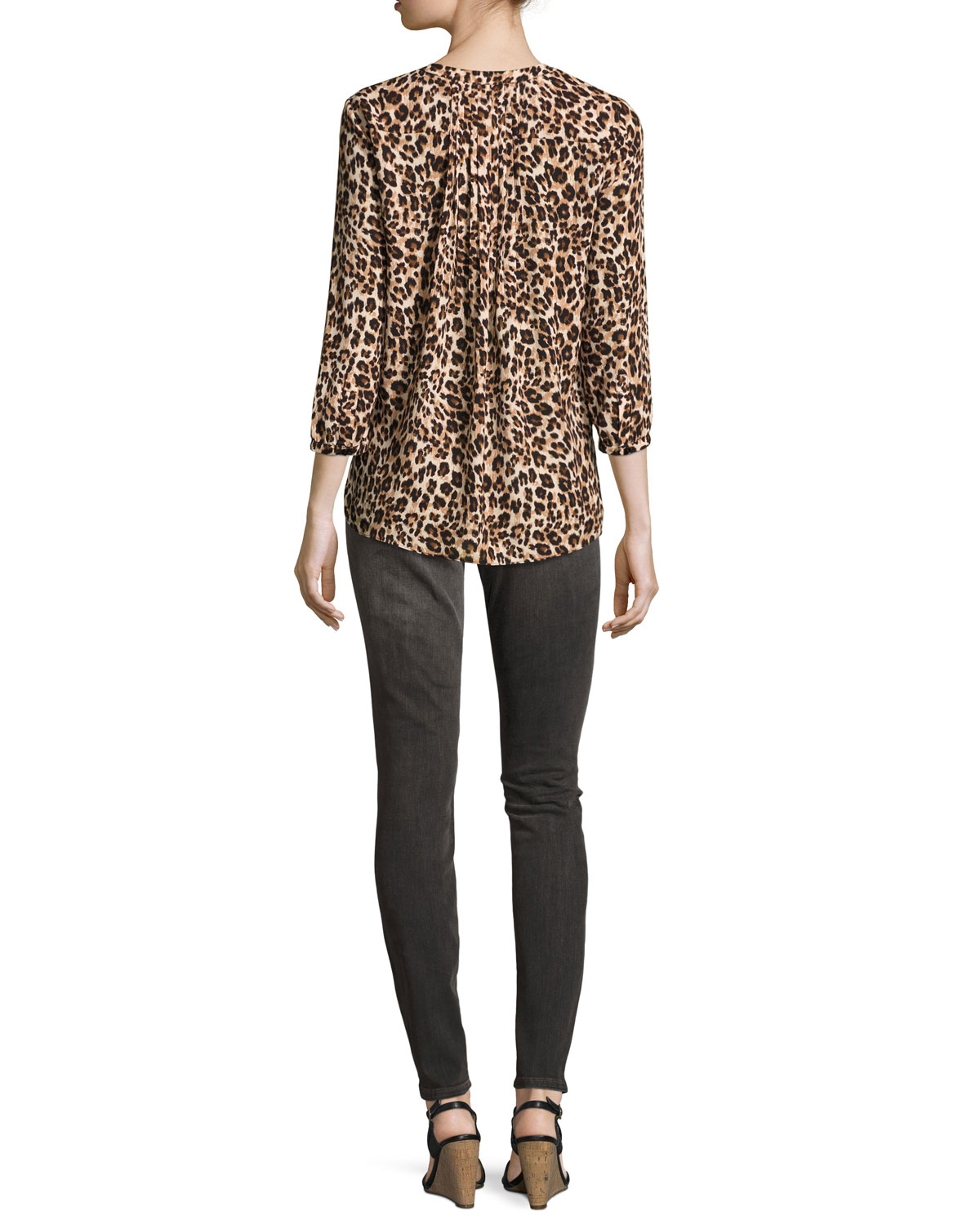 3/4-Sleeve Animal-Print Pleated-Back Blouse, Cheetah