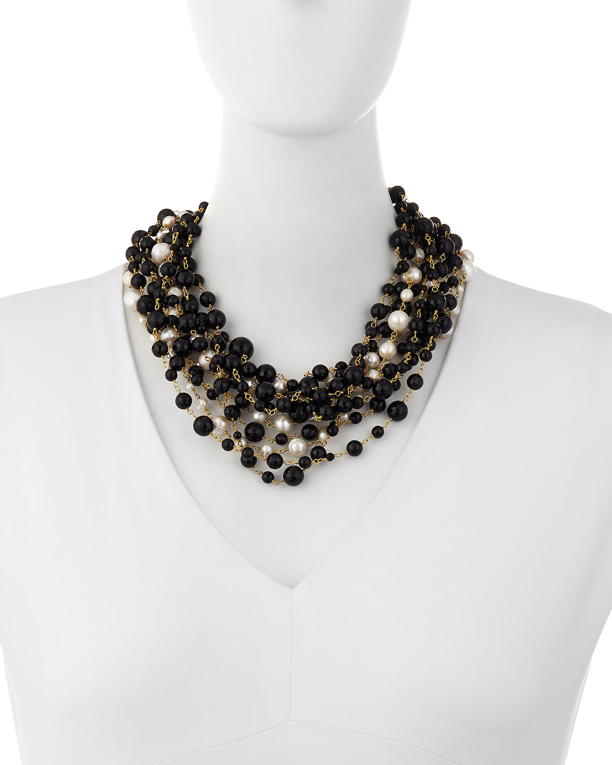 Pegaso Multi-Strand Beaded Necklace, White/Onyx