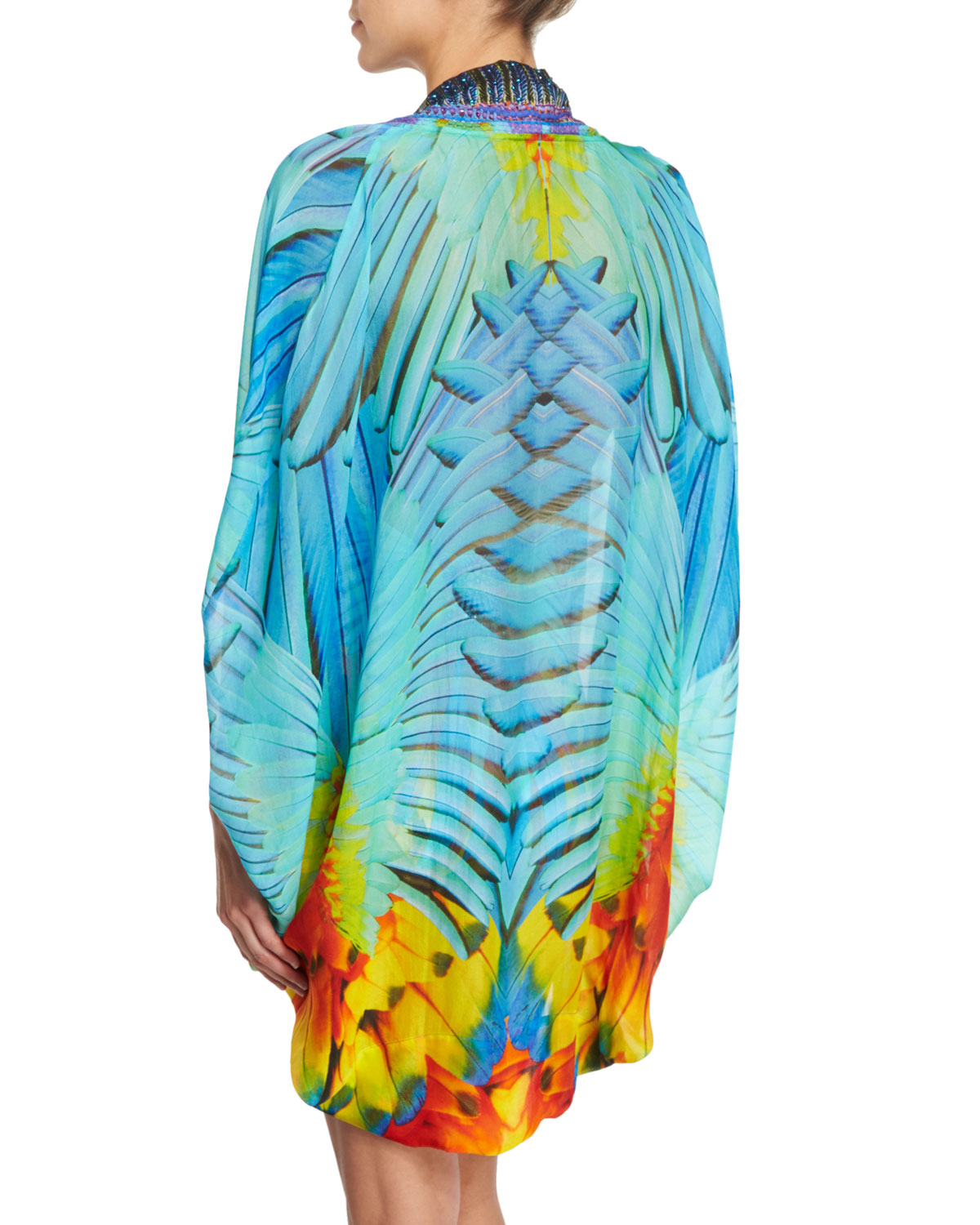 Open-Front Printed Silk Cardigan/Cape Coverup, Flightful