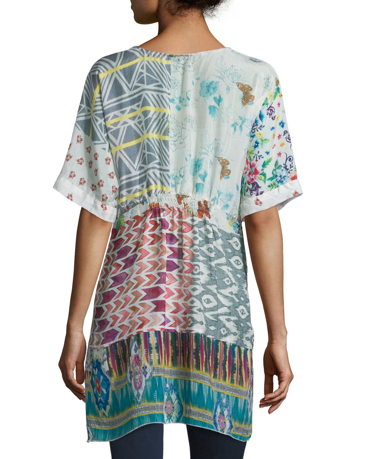 butterfly half-sleeve printed silk tunic, multi colors