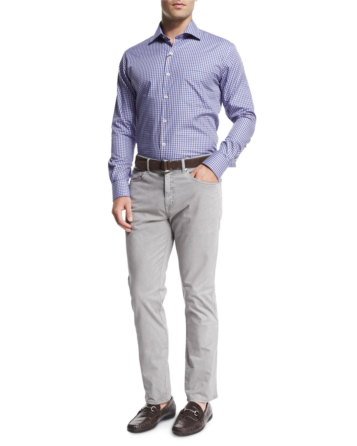 Five-Pocket Stretch-Cotton Trousers, Light Gray